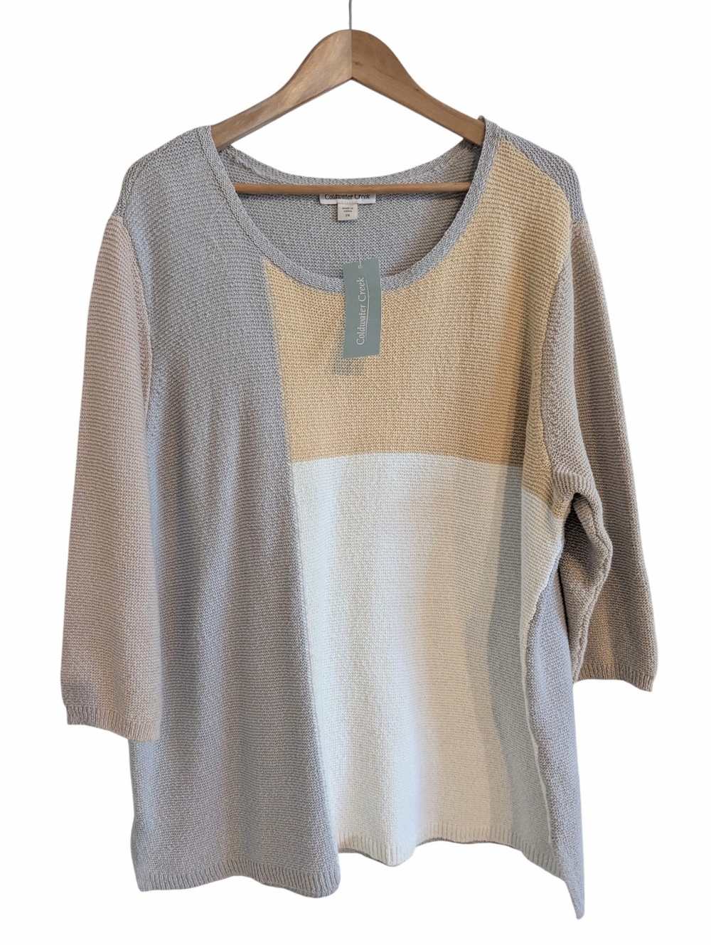 COLDWATER CREEK Beige, Ivory & Light Gray Colorblock Sweater 100% Cotton Size 2X